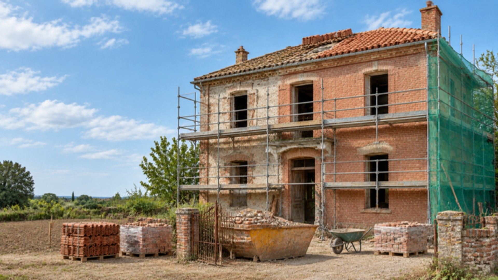 La même maison sous échafaudage, toiture en cours de réfection