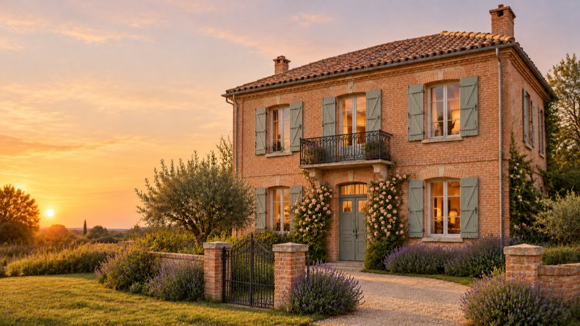 La même maison rénovée, façade de brique, volets neufs, fenêtres éclairées
