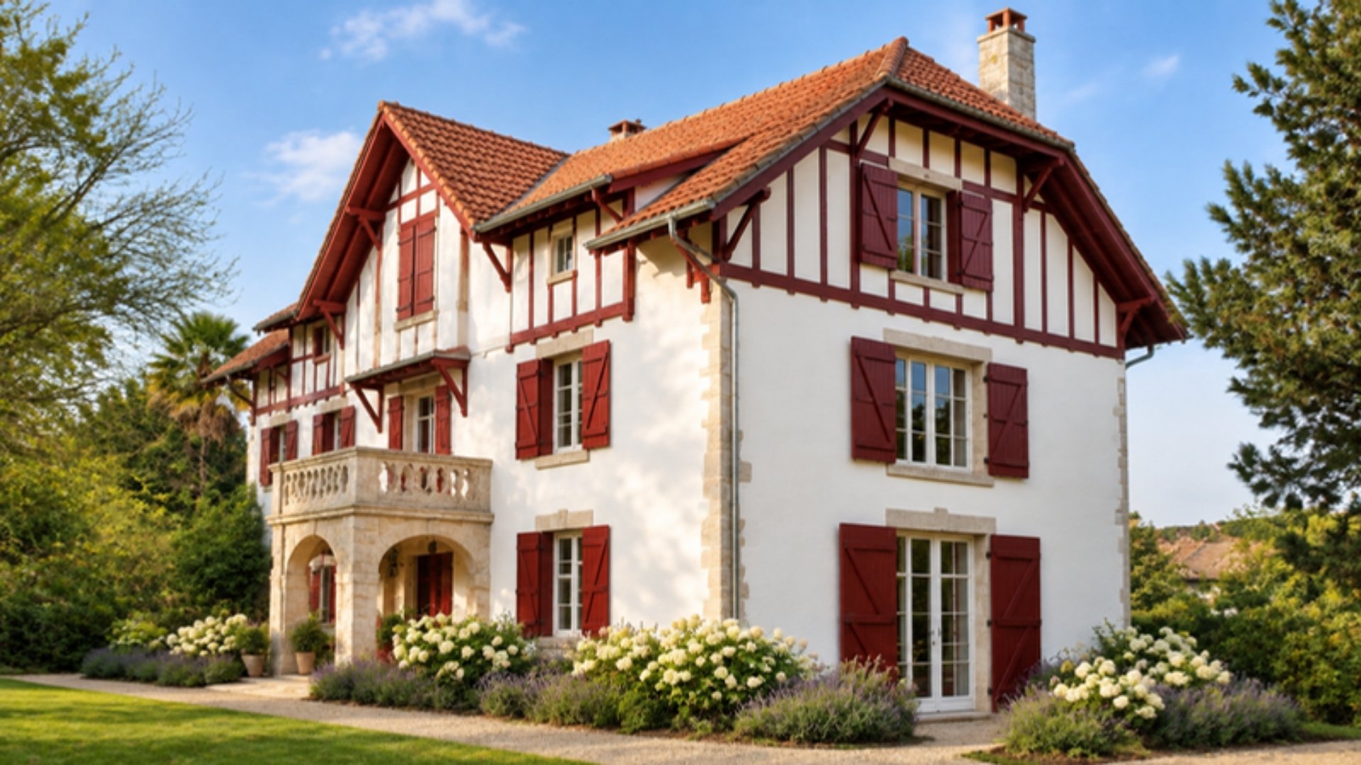 Villa néo-basque restaurée : façade blanche, colombages et volets rouges