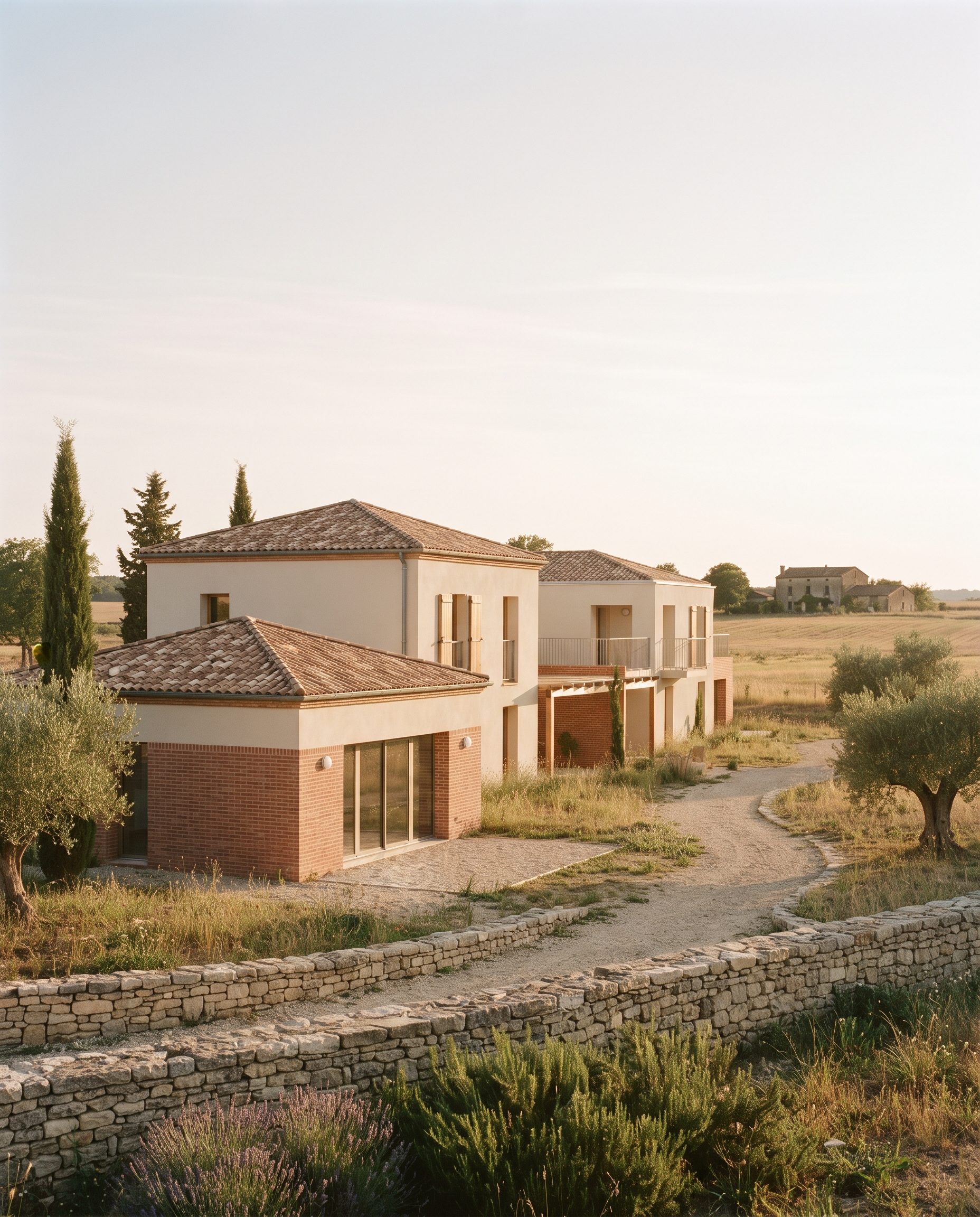 Maisons en brique rose et enduit clair près de Muret, murets en pierre sèche et oliviers